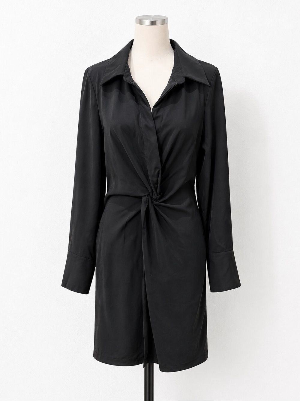 Gracia Twist Front Minimalist Shirt Dress Long Sleeve Pockets Zip Black L NEW